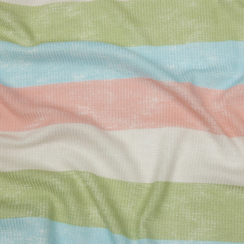Celadon Green, Sky Blue and Pink Striped Polyester and Rayon Waffle Knit