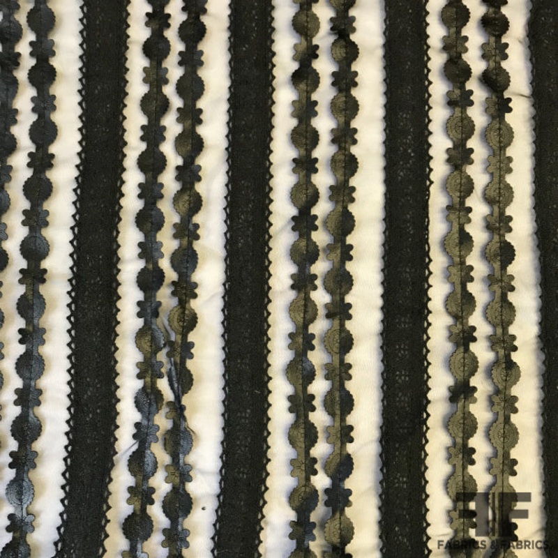 Embossed Faux-Leather / Crochet Ribbon on Organza – Black Fabric by the Yard