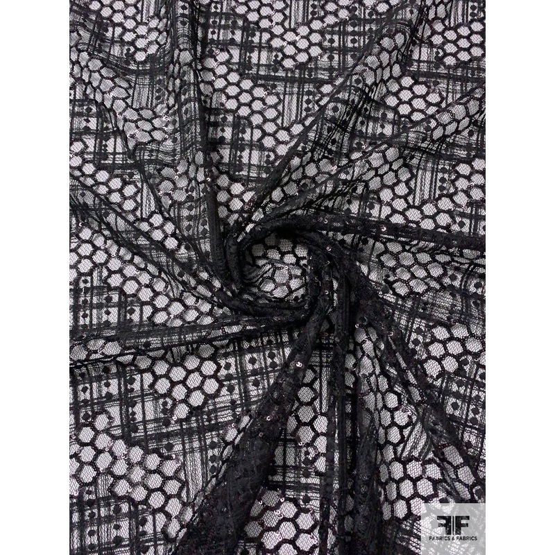Embroidered Novelty Tulle with Sequins Design – Black Fabric by the Yard