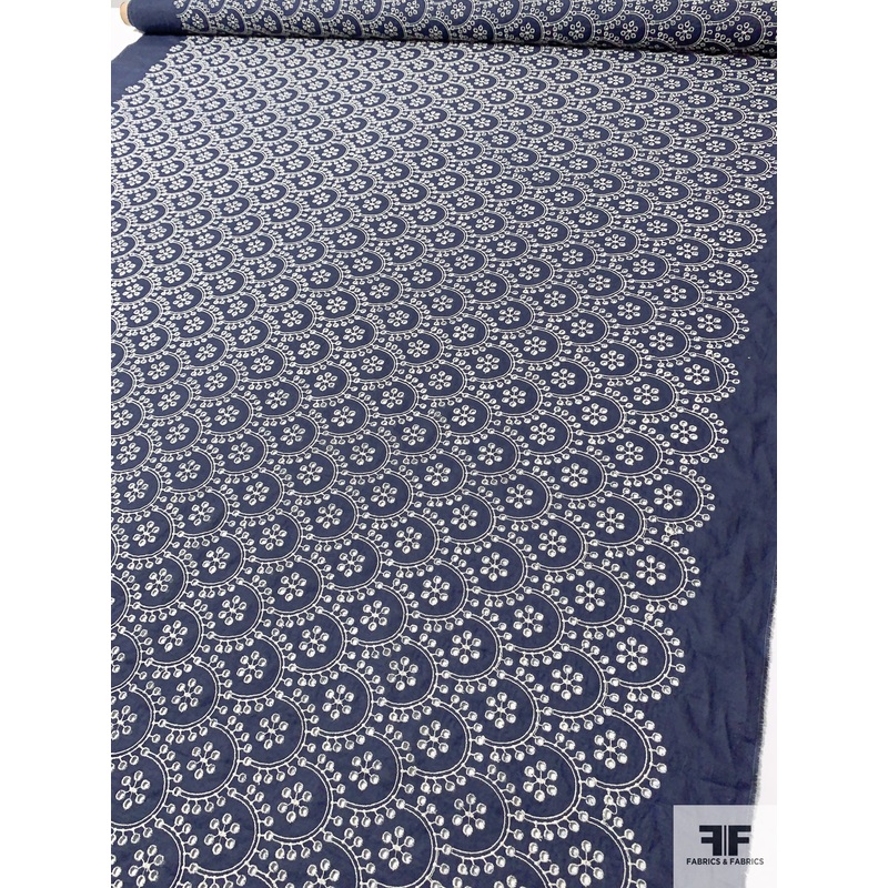 Fish Scale Like Embroidered Eyelet Cotton Voile – Nordic Blueberry / Ivory Fabric by the Yard