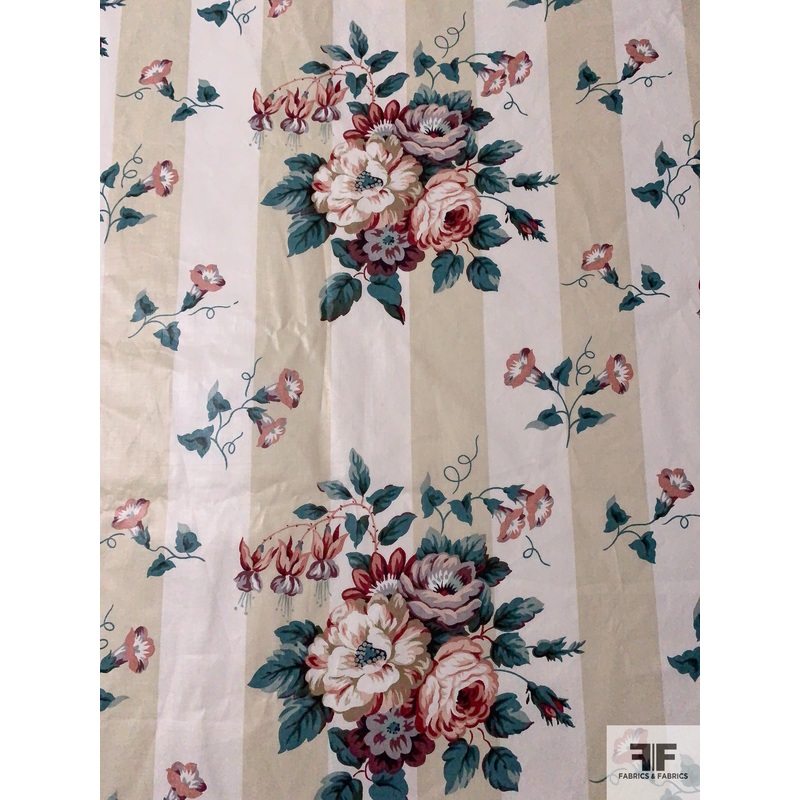 Floral Bouquets and Striped Printed Cotton Chintz – Dusty Teal / Dusty Rose / Beige / Off-White Fabric by the Yard