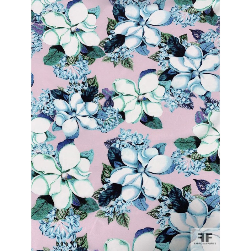 Floral Printed Silk Crepe de Chine – Blue / Teal / White / Lightest Lavender Fabric by the Yard