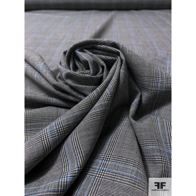 Italian Plaid Traditional Suiting – Black / Off-White / Blue Fabric by the Yard
