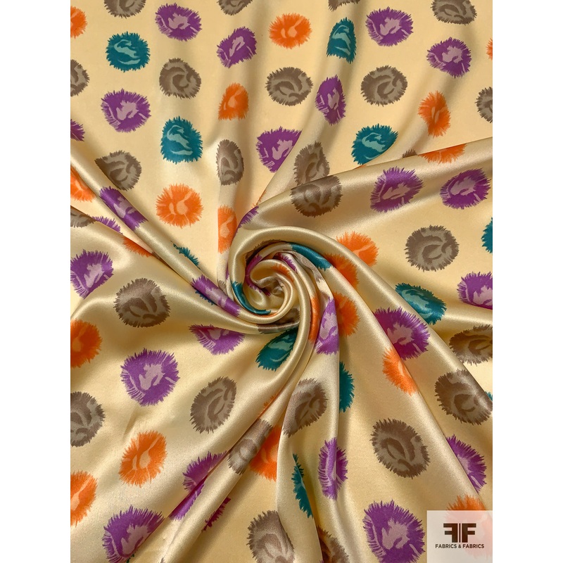 Painterly Dandelion-Like Printed Silk Charmeuse – Eggnog / Violet / Orange / Teal Fabric by the Yard