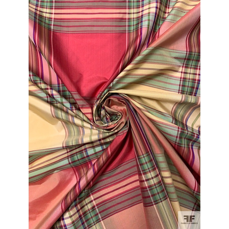 Plaid Yarn-Dyed Silk Taffeta – Cranberry / Biscotti / Greens Fabric by the Yard