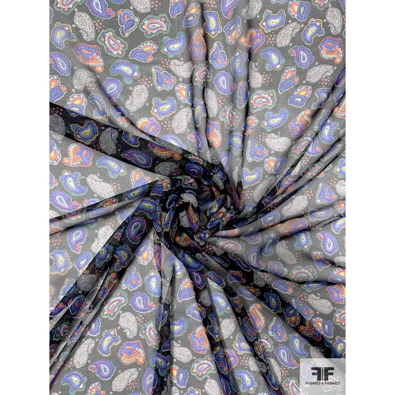 Playful Paisley Printed Silk Chiffon – Black / Black / Multicolor Fabric by the Yard
