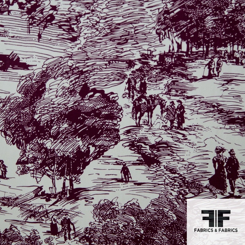 Silk Charmeuse Printed Toile – Maroon/White Fabric by the Yard