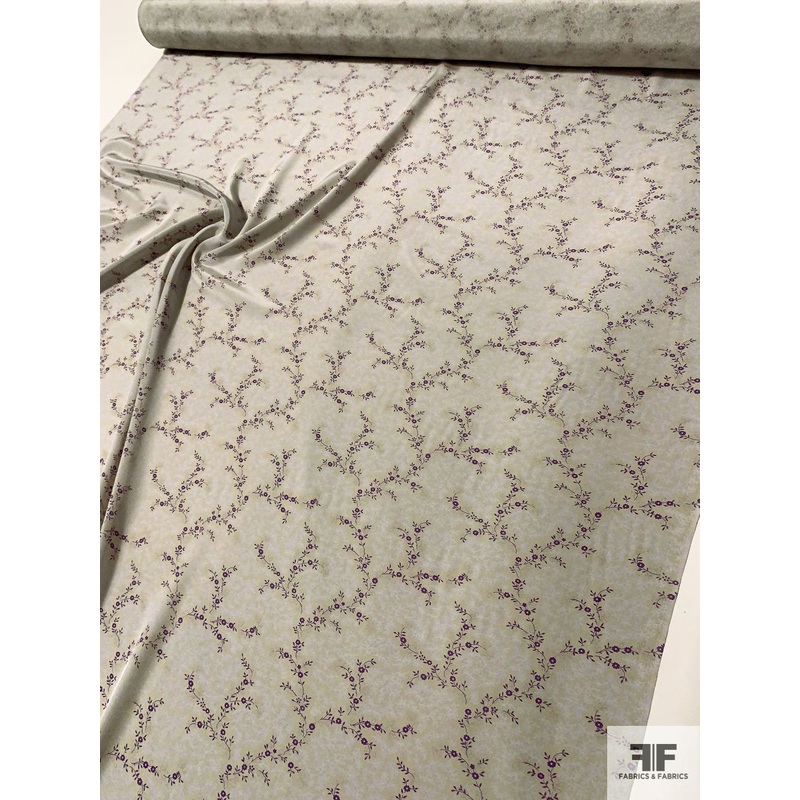 Whimsical Floral Stems Printed Silk Crepe de Chine – Purple / Ecru / Grey Fabric by the Yard