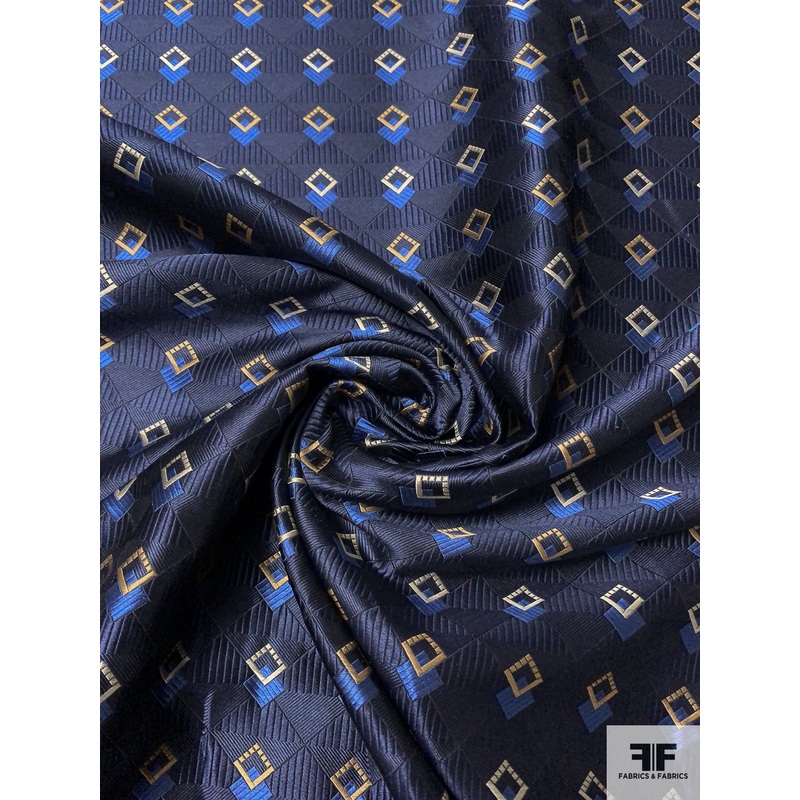 Art Deco Geometric Silk Necktie Jacquard Brocade – Navy / Blue / Turmeric / Champagne Fabric by the Yard