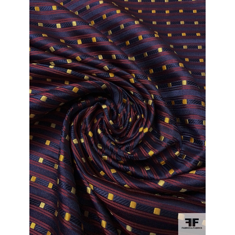 Box Striped Silk Necktie Jacquard Brocade – Navy / Burgundy / Yellow-Gold Fabric by the Yard