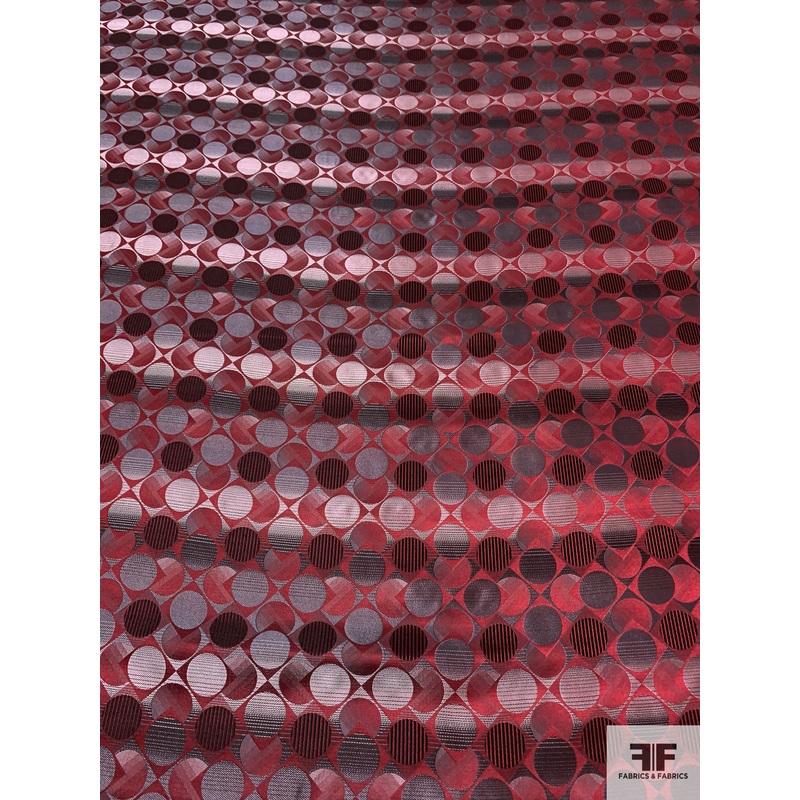 Circles in Squares Silk Necktie Jacquard Brocade – Red / Black / Grey / White Fabric by the Yard