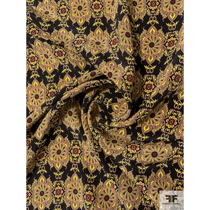 Ethnic Ornate Medallion Printed Silk Crepe de Chine – Cafe Brown / Yellow / Black / Burgundy Fabric by the Yard