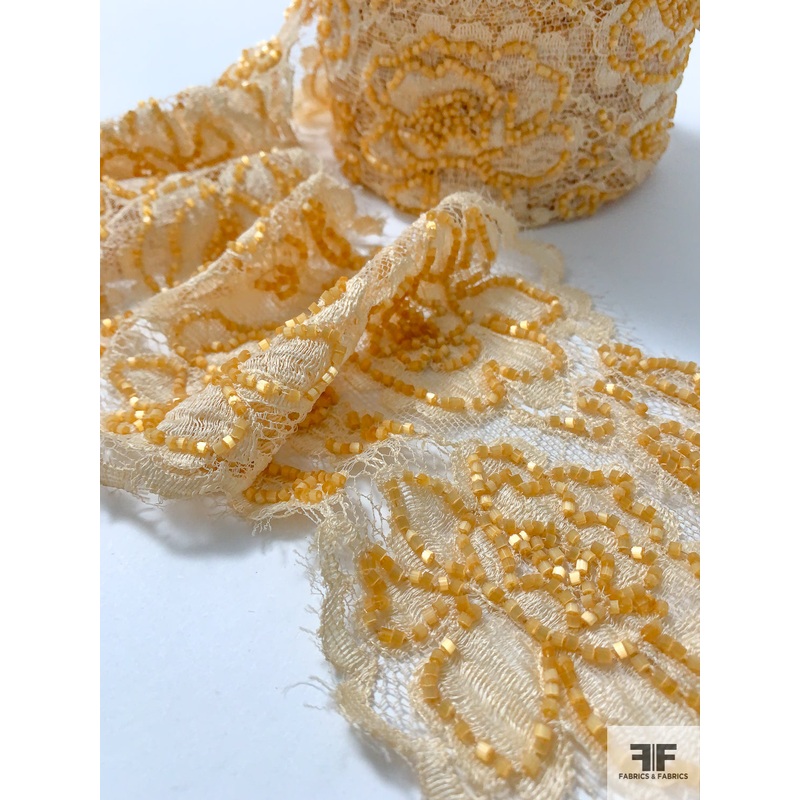 French Floral Beaded Chantilly Lace Trim – Apricot Fabric by the Yard