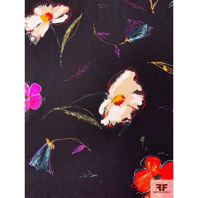 Gorgeous Floral Printed Stretch Cotton Sateen-Poplin – Multicolor / Black Fabric by the Yard