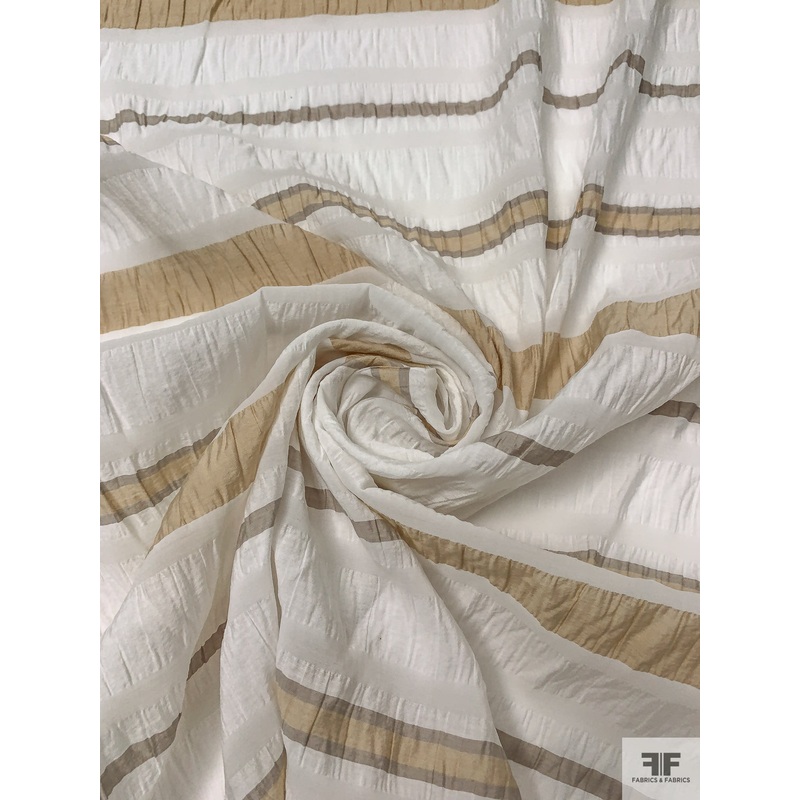 Horizontal Striped Crinkled Tencel Blend Voile – Off-White / Tan Fabric by the Yard