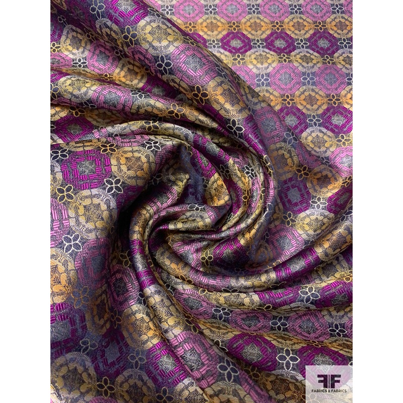 Linked Floral Silk Necktie Jacquard Brocade – Purple / Orange / Orchid Fabric by the Yard