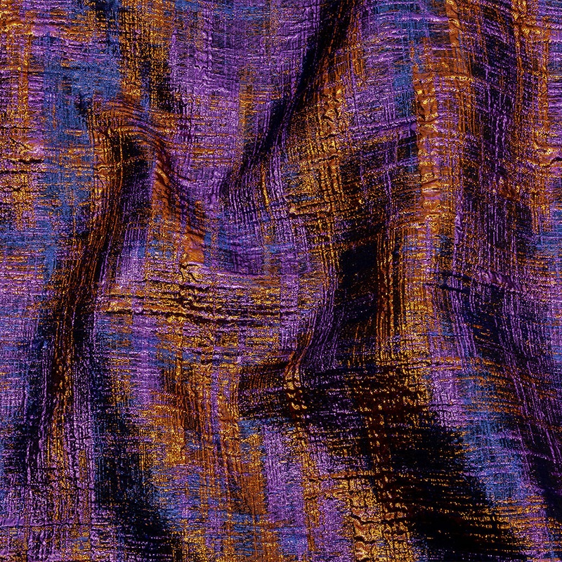 Metallic Blue, Purple and Orange Distressed Plaid Luxury Brocade