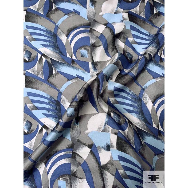 Optical Art Deco Printed Vintage Silk Twill – Shades of Blue / Grey / Black Fabric by the Yard