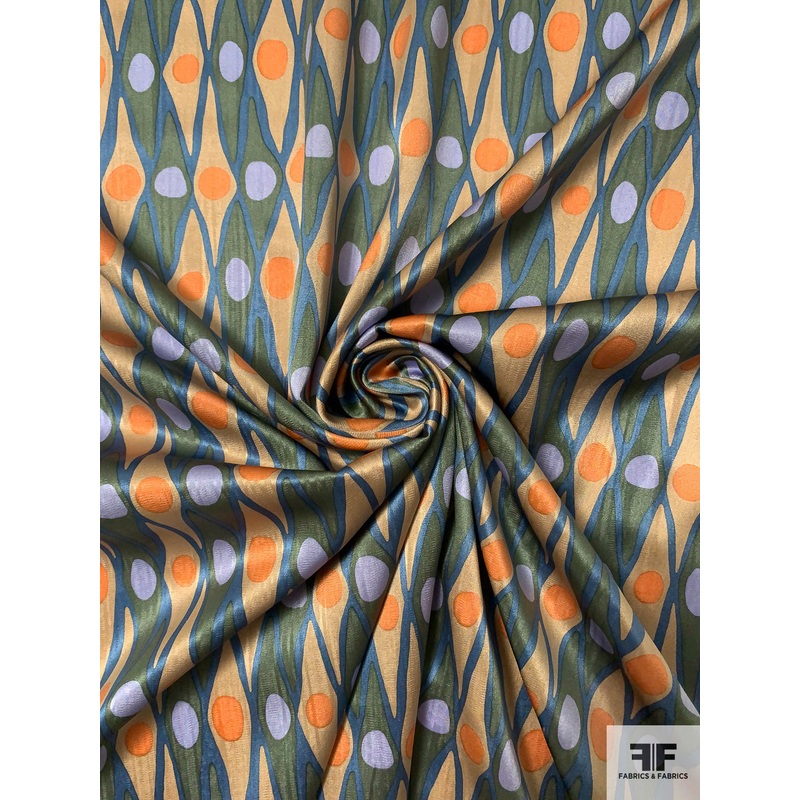 Painterly Argyle and Polka Dot Printed Silk Charmeuse – Dark Sage / Antique Blue / Coral / Periwinkle Fabric by the Yard