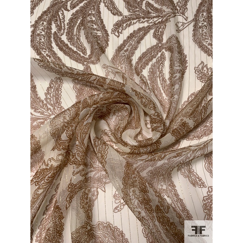 Paisley Printed Crinkled Silk Chiffon with Gold Lurex Pinstripes – Brown / Light Ivory Fabric by the Yard