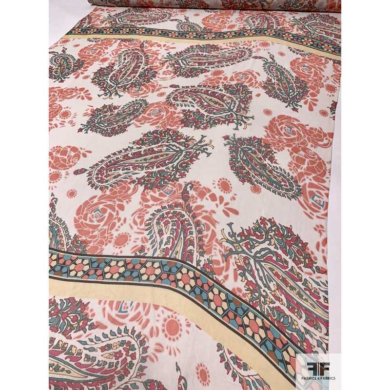 Paisley Printed Silk Chiffon Panel – Peach / Turquoise / Bright Pink / Off-White Fabric by the Panel