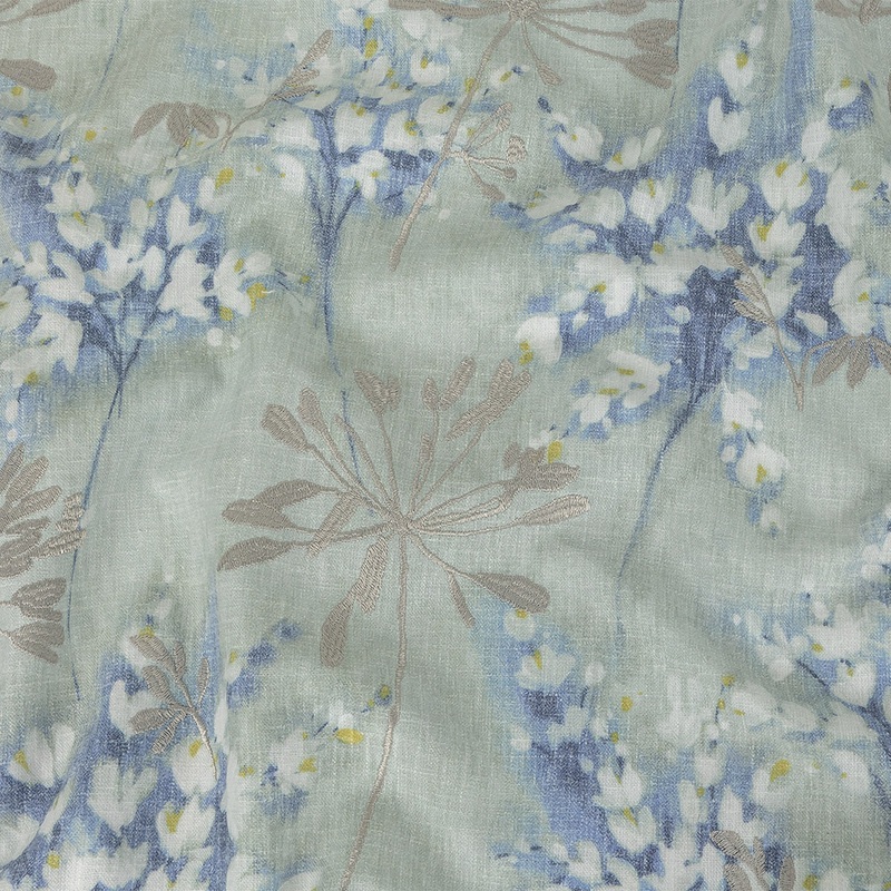 Printed and Embroidered Drapery Canvas – Seafoam Floral – British Imported