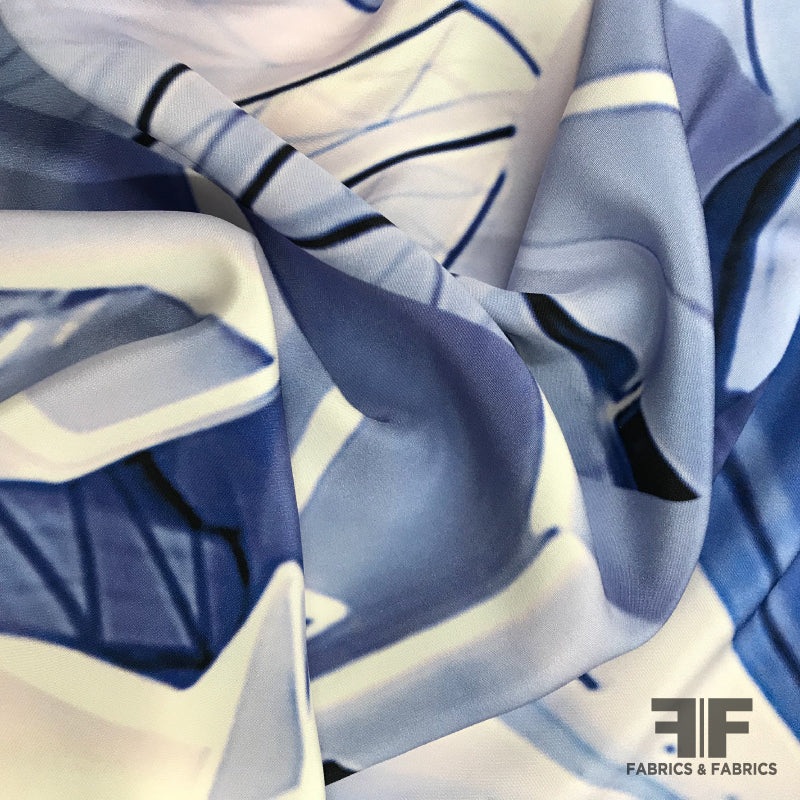 Abstract Printed Silk Crepe – Blue/White Fabric by the Yard