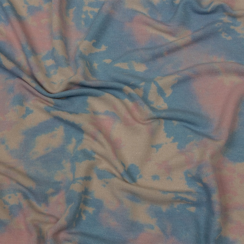 Beige, Blue and Pink Tie Dye Stretch Polyester and Rayon French Terry