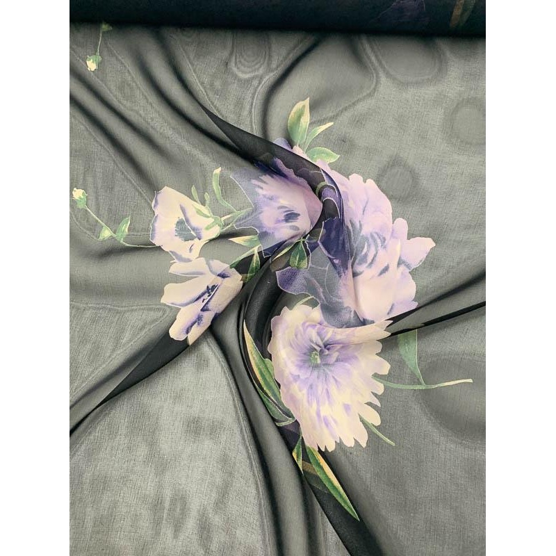 Blooming Floral Printed Silk Chiffon – Purple / Black / Green Fabric by the Yard