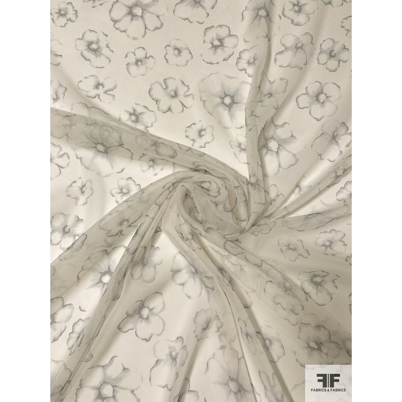 Ethereal Watercolor Floral Printed Silk Chiffon – Ivory / Grey Fabric by the Yard