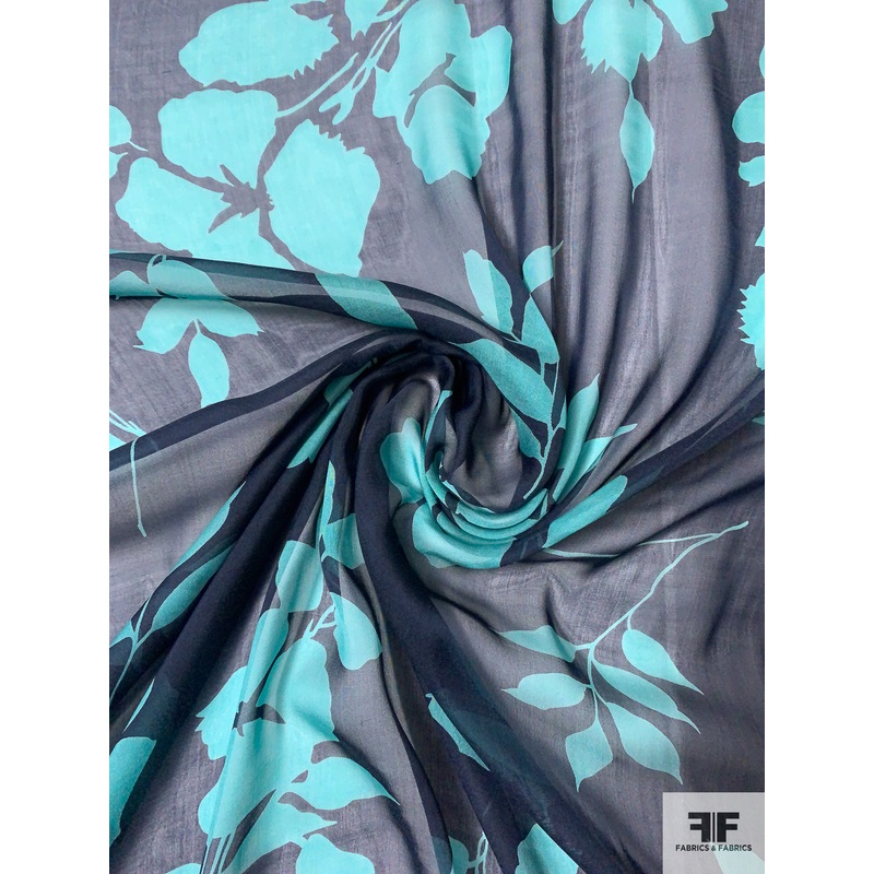 Italian Floral Leaf Silhouette Printed Fine Silk Chiffon – Teal Green / Navy Fabric by the Yard