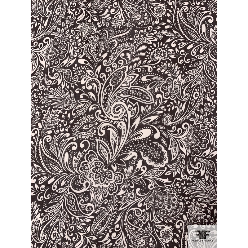 Italian Paisley Floral Printed Fine Silk Chiffon – Coffee Bean Brown / Off-White Fabric by the Yard