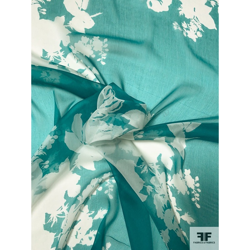 Large-Scale Floral Silhouette Printed Silk Chiffon – Ocean Green / Off-White Fabric by the Yard