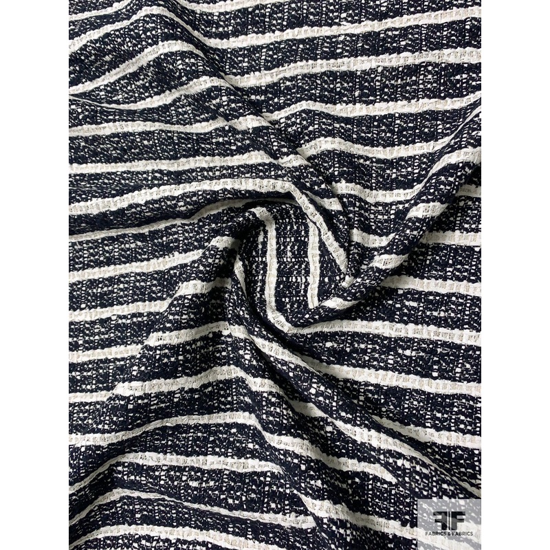 Made in England Striped Cotton-Wool Tweed – Navy / Ivory Fabric by the Yard