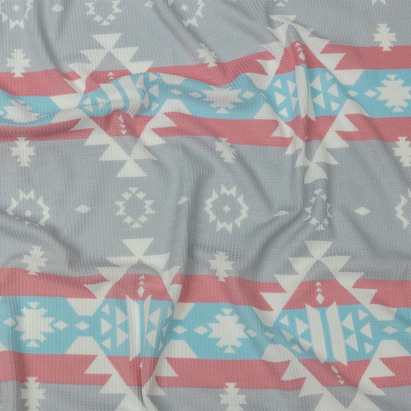 Pink, Sky Blue and Gray Geometric and Striped Polyester and Rayon Waffle Knit