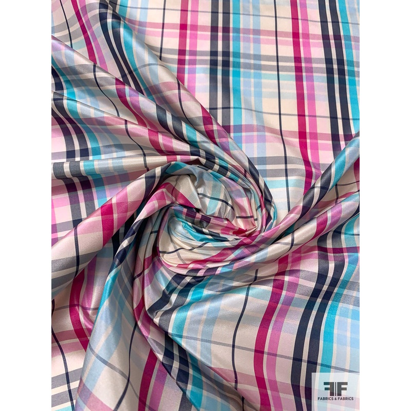 Plaid Yarn-Dyed Silk Taffeta – Magenta / Turquoise Blue / Navy / Ivory Fabric by the Yard
