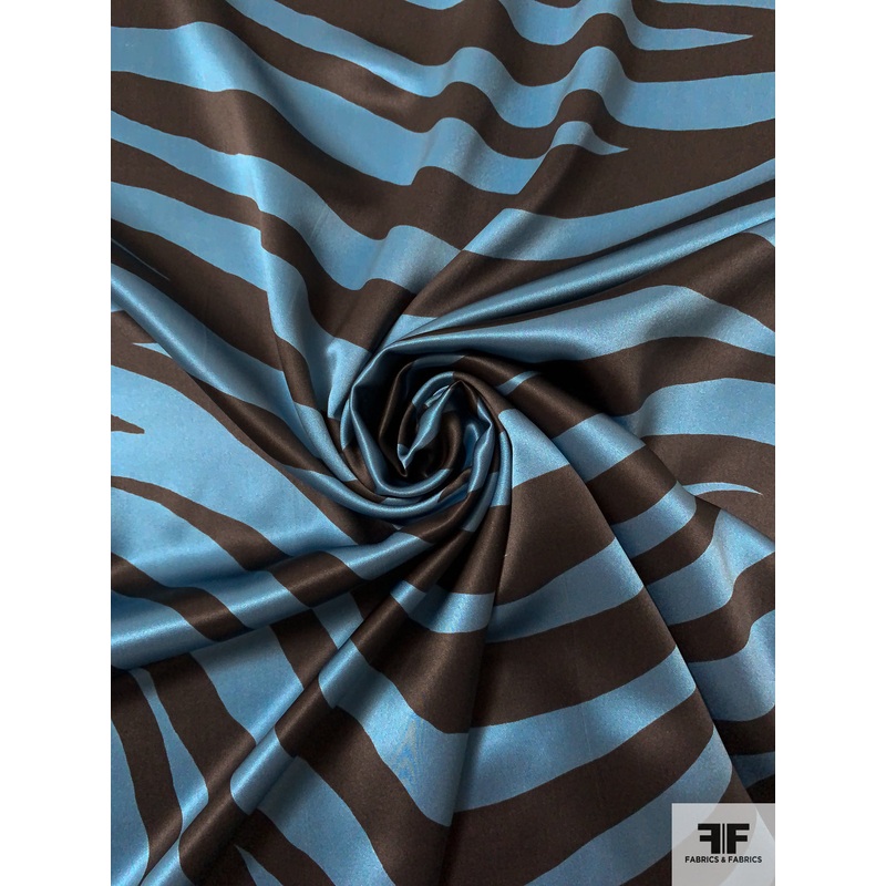 Zebra Printed Silk Charmeuse – Antique Blue / Dark Grey Fabric by the Yard