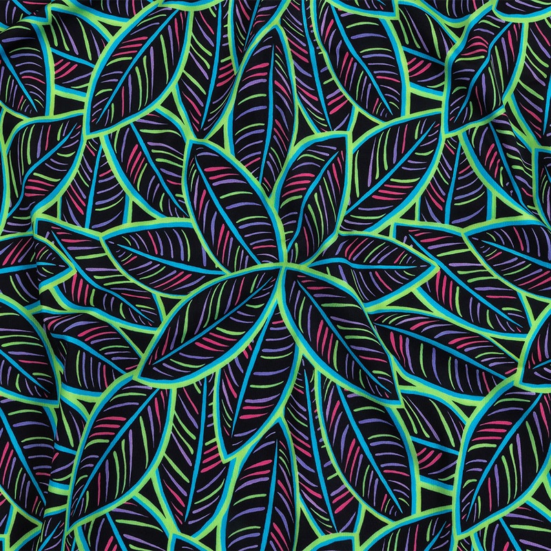 Black, Green and Blue Leaves UV Protective Compression Swimwear Tricot with Aloe Vera Microcapsules