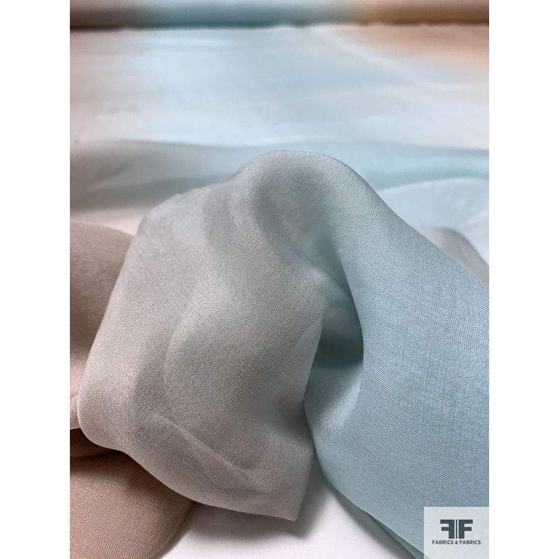 French Ombr Printed Silk Chiffon – Icy Sky Blue / Tan Fabric by the Yard