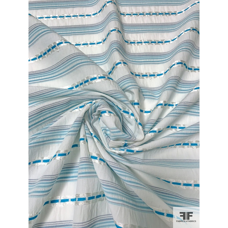 Horizontal Striped Yarn-Dyed and Stitched Cotton Sheeting – Turquoise / Off-White / Denim Blue Fabric by the Yard
