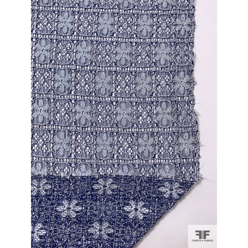 Italian Floral Grid Corded Lace – Navy Blue / Off-White Fabric by the Yard