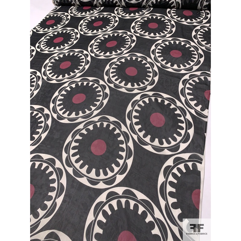 Large-Scale Circular Pattern Printed Silk Chiffon – Black / Off-White / Berry Pink Fabric by the Yard