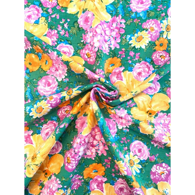 Painterly Floral Printed Silk and Cotton Faille – Green / Multicolor Fabric by the Yard
