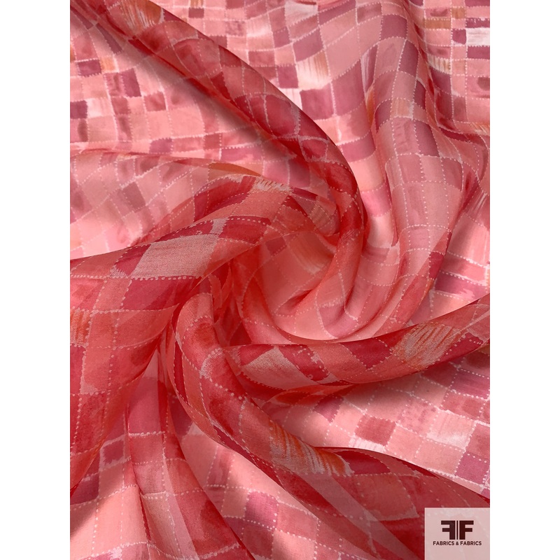 Painterly Pixel Grid Printed Silk Organza – Coral Pink / Berry Pink / Off-White Fabric by the Yard