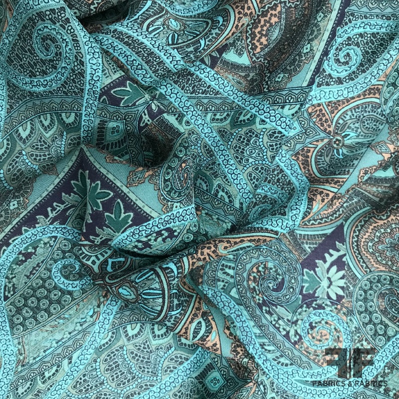 Paisley Printed Silk Georgette – Teal Fabric by the Yard