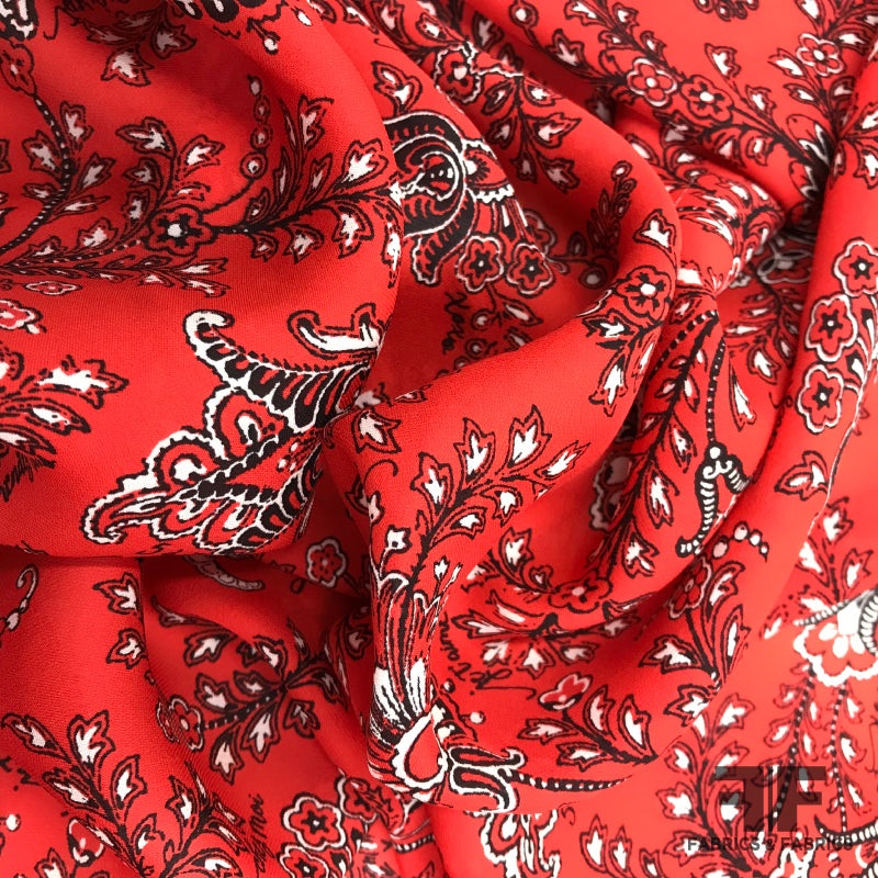 Paisley & Script Silk Printed Georgette – Red Fabric by the Yard