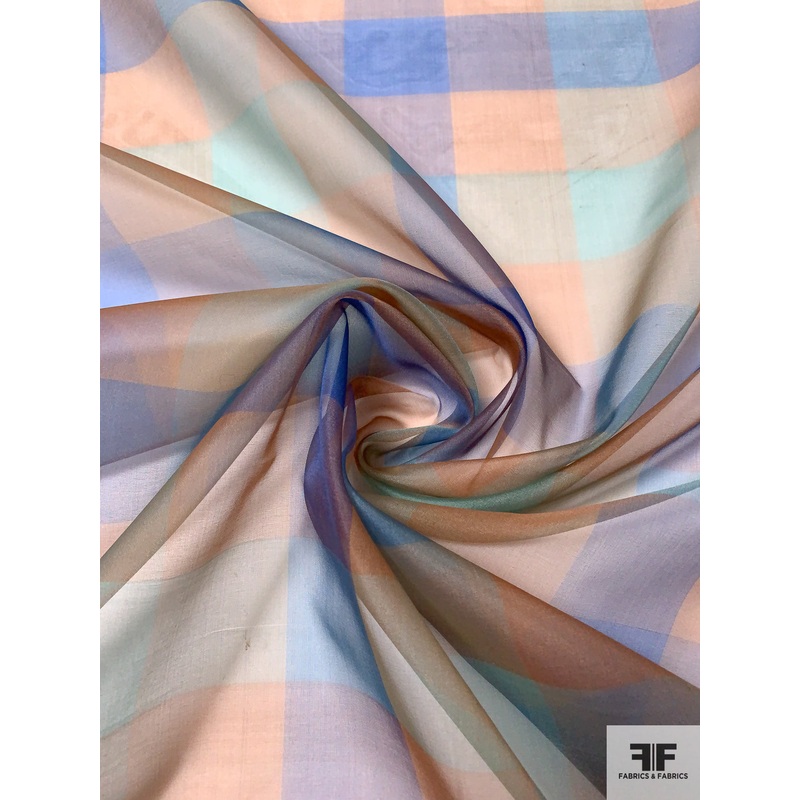 Plaid Printed Silk Organza – Peach / Blue / Seafoam Green Fabric by the Yard