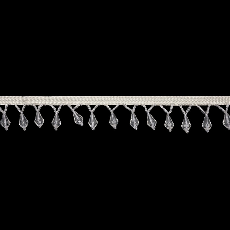 Vintage Crystal Small Faceted Teardrops and Seed Beaded Fringe Trim on Ivory Tape – 1.25″