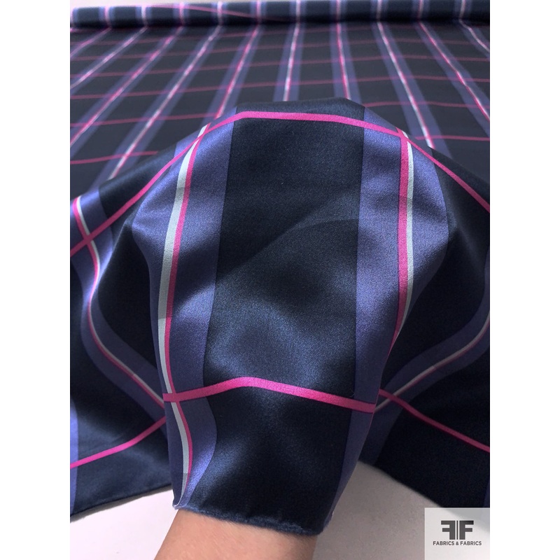 Windowpane Plaid Printed Silk Charmeuse – Navy / Magenta / Purple Fabric by the Yard