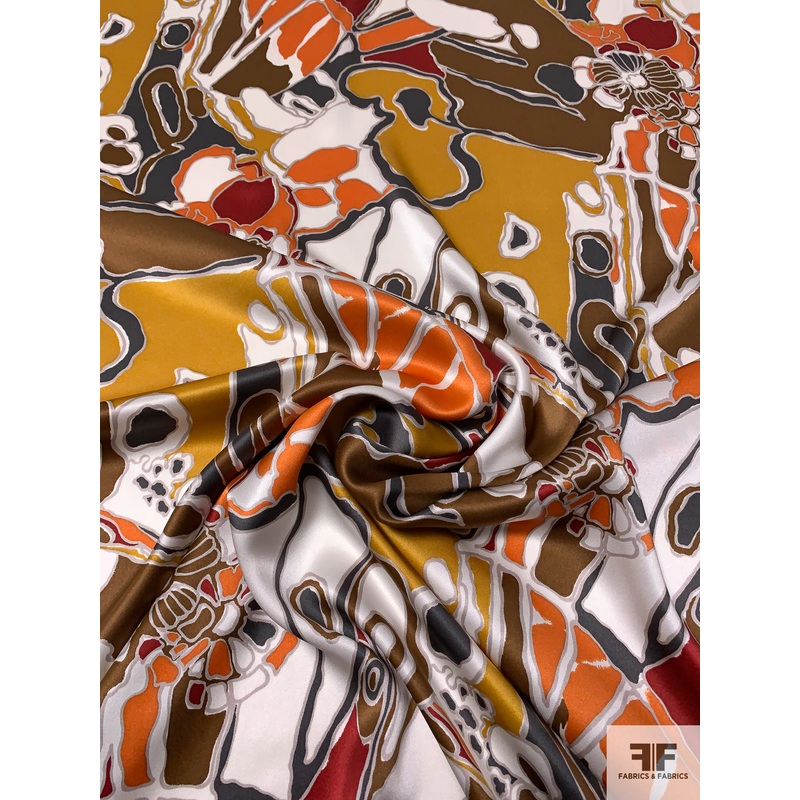 An Abstract Thanksgiving Printed Silk Charmeuse – Brown / Ochre / Orange / Slate Grey Fabric by the Yard